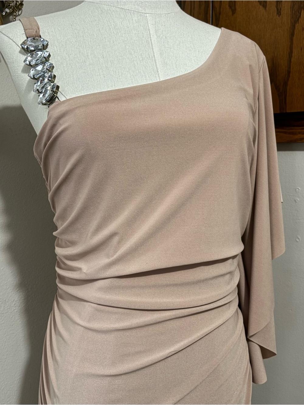 DEB Vintage Tan Ruched Asymmetric sleeve Cocktail Dress Silver Gemstone Size XL